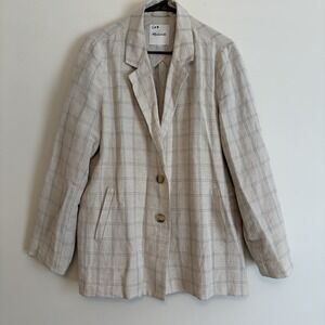 Madewell Dorset Blazer in Windowpane XL oatmeal Blue Career Linen Blend Buttons